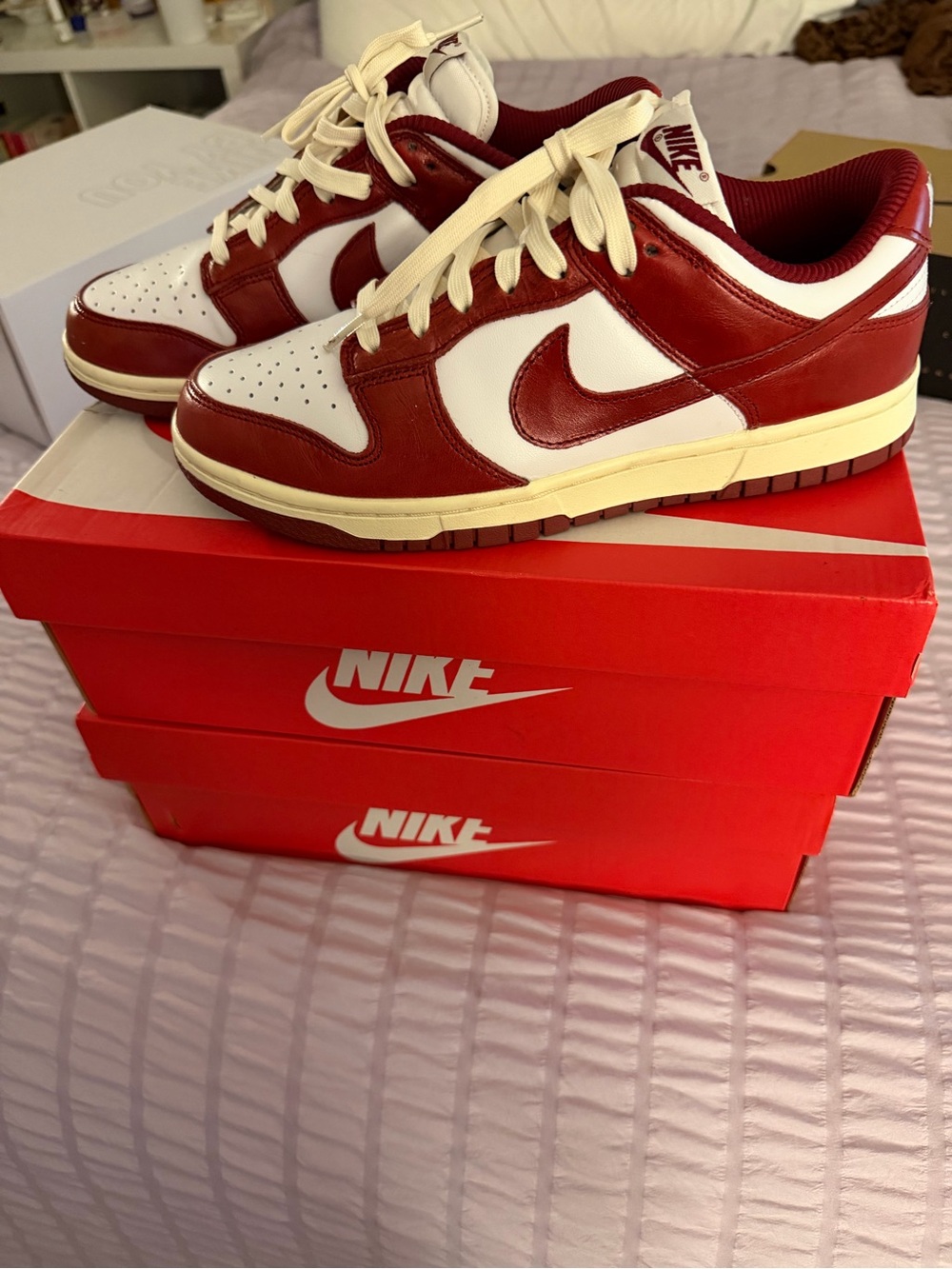 Nike Dunk Sneakers in White & Red with Cream Laces - Picture 2 of 6